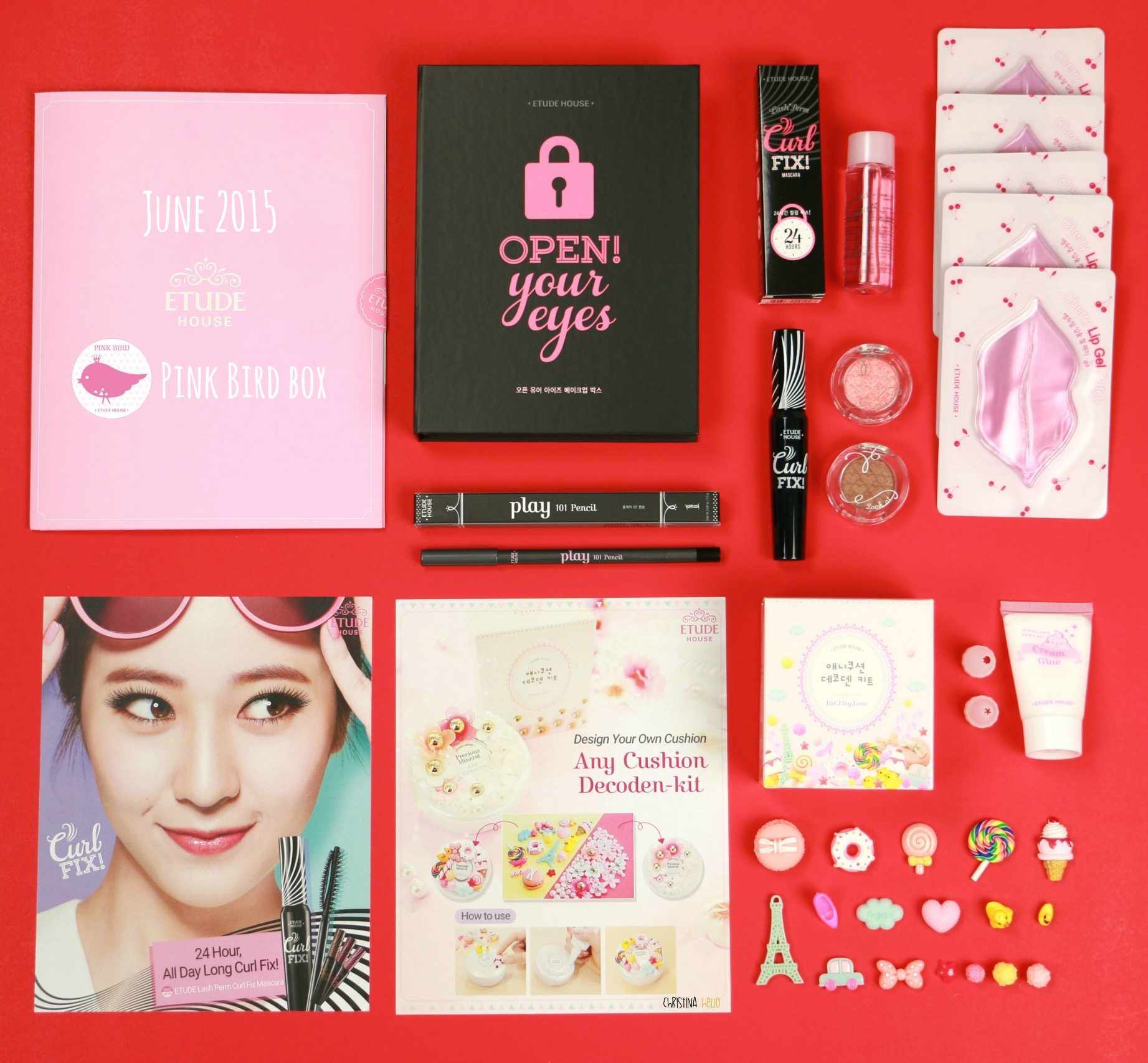 A look inside the Etude House Pink Bird box: Open Your Eyes Make Up Box Kit,  Decoden kit cuteness and more