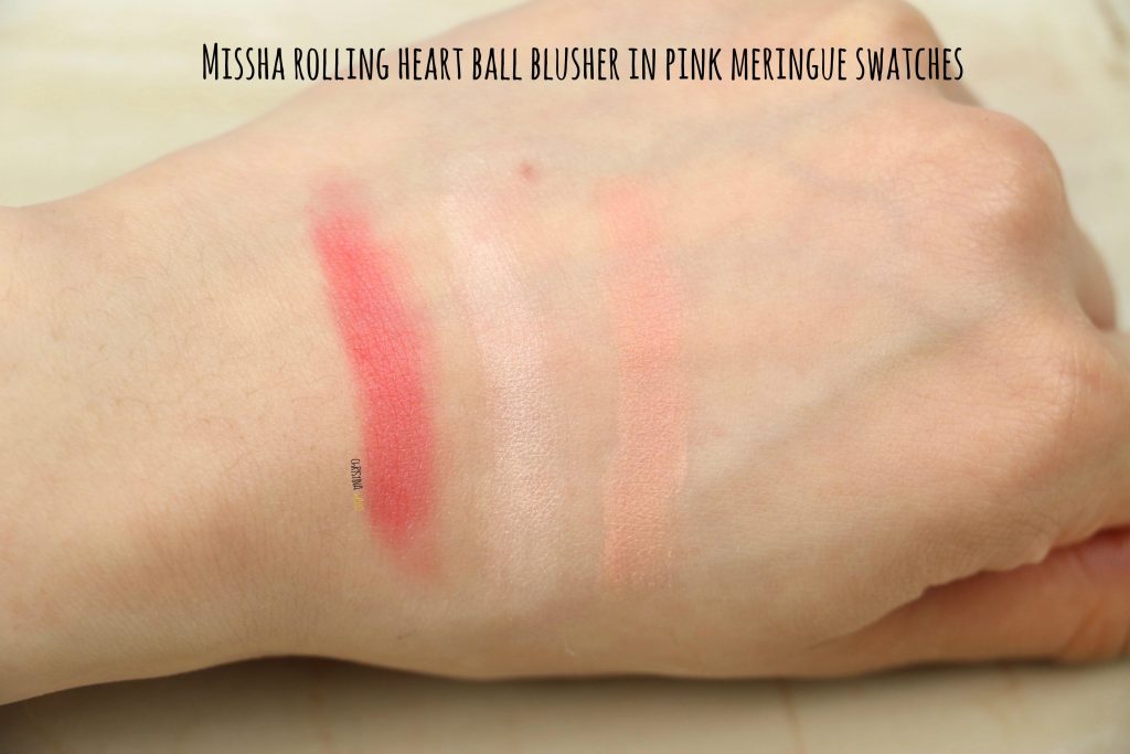 Missha rolling heart ball blusher in pink meringues swatches
