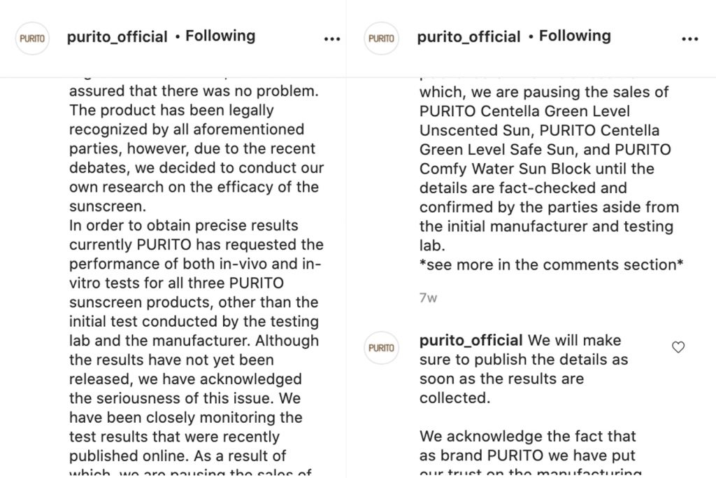 Purito centella sunscreen apology refund