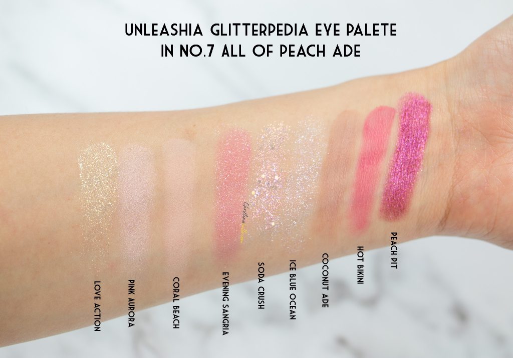 unleashia glitterpedia eye palette in no. 7 all of peach ade swatch review
